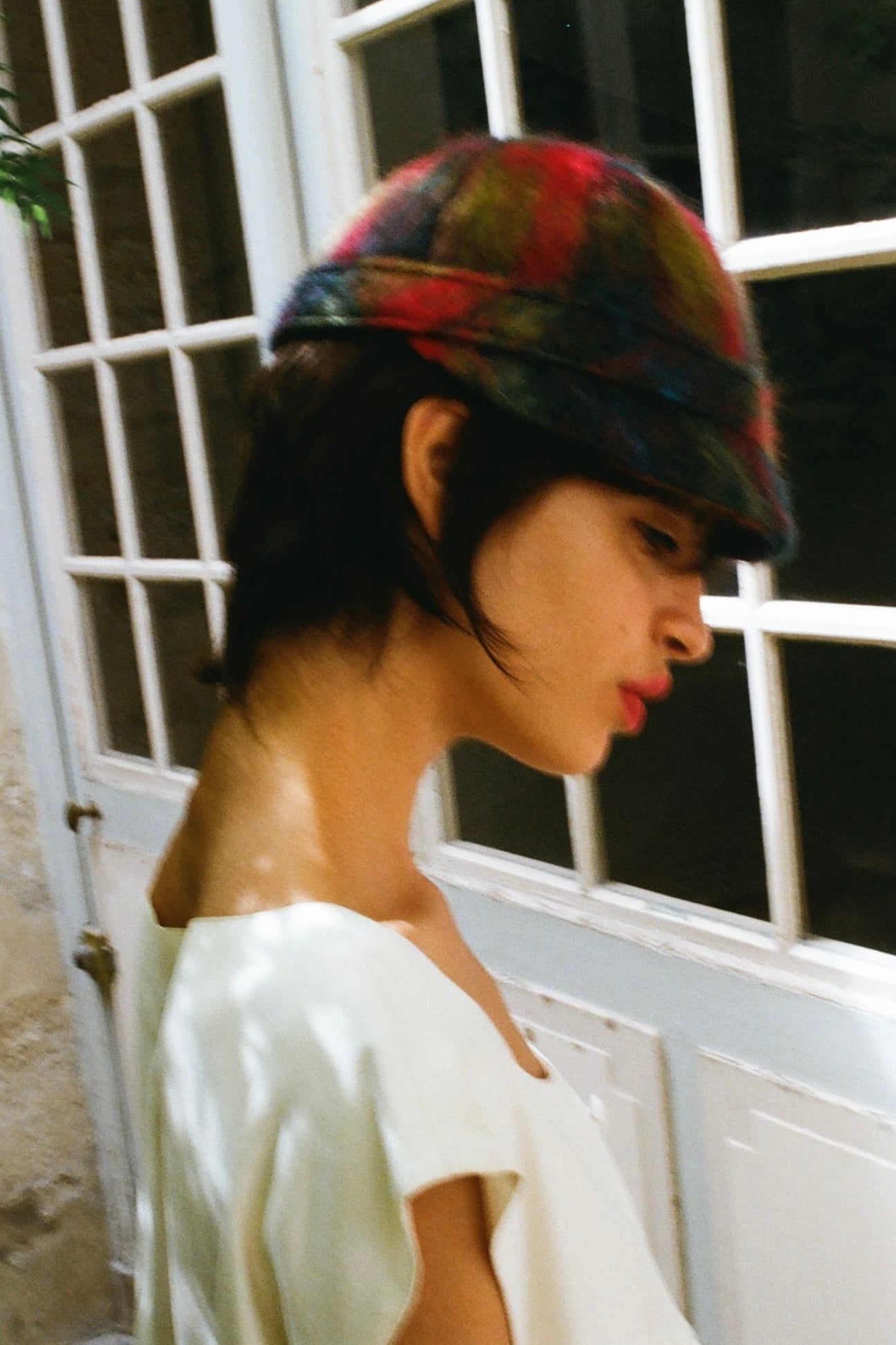 Swiss Cap Mohair Green Red Tartan