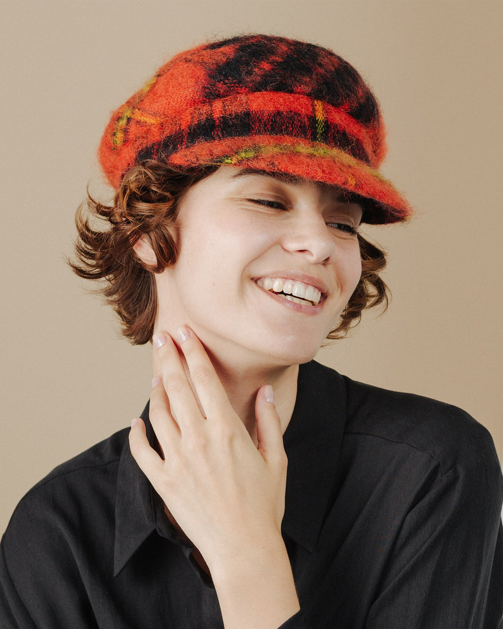 women wear orange-tartan-mohair